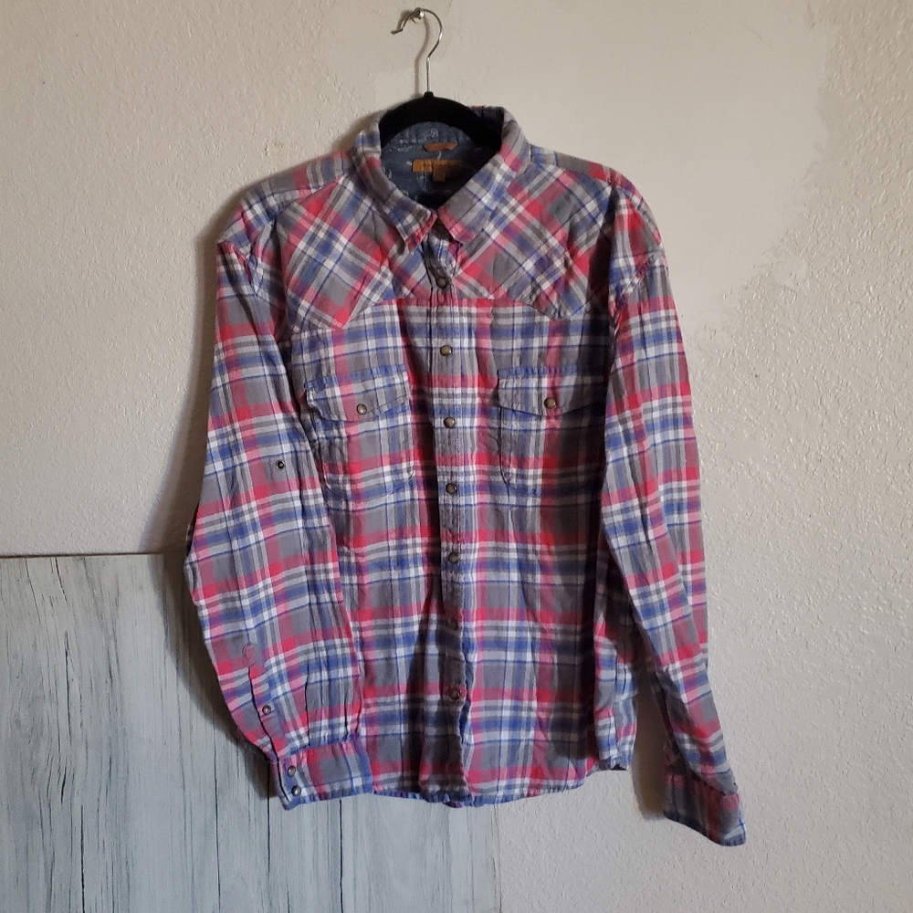 Jachs Girlfriend Bea Lightweight Gray Pink Flannel Plaid Western Pearl Snap XXL